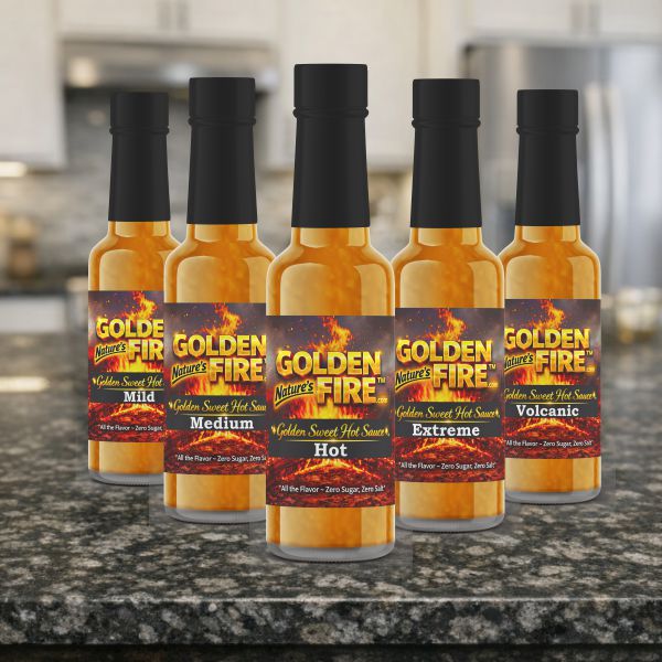 Five bottles of Golden Sweet hot sauce in a kitchen